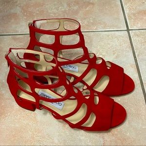 New Jimmy Choo Red Ren 35mm Caged Open Toe Sandal 35.5